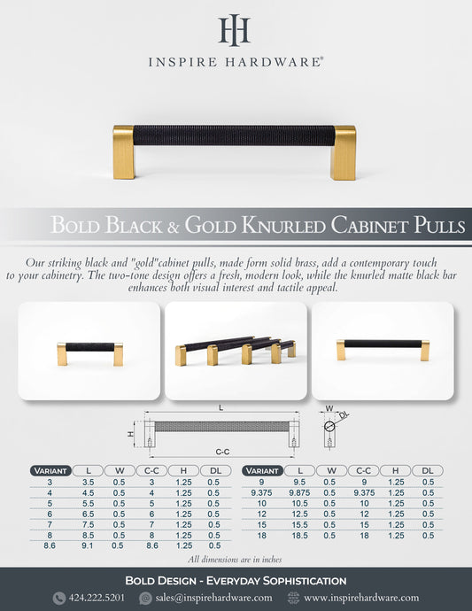 Bold, Solid Brass Black & Gold Knurled Cabinet Pulls