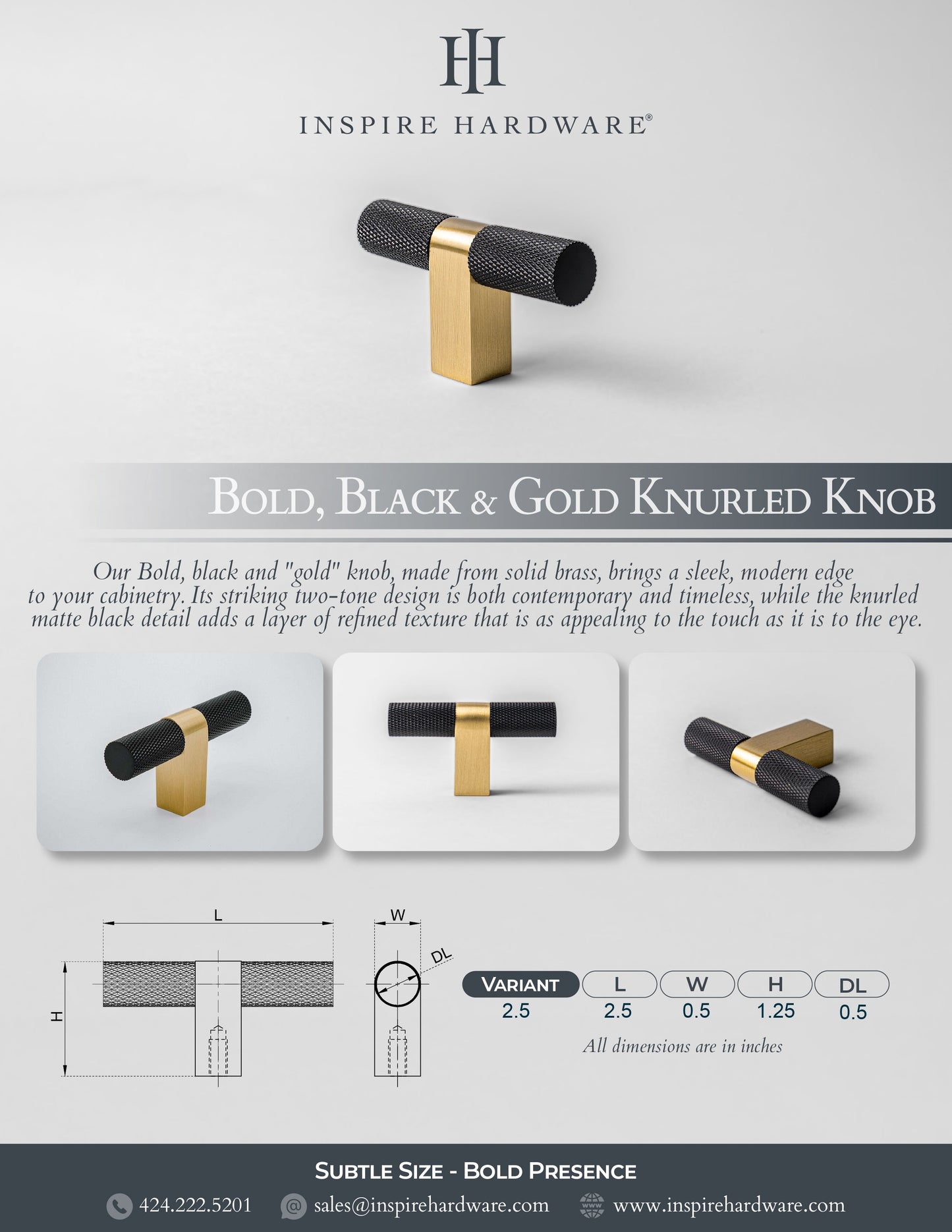 Bold, Black & Gold Knurled Solid Brass Knob