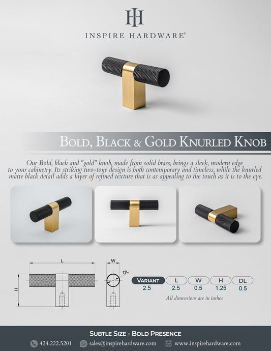 Bold, Black & Gold Knurled Solid Brass Knob