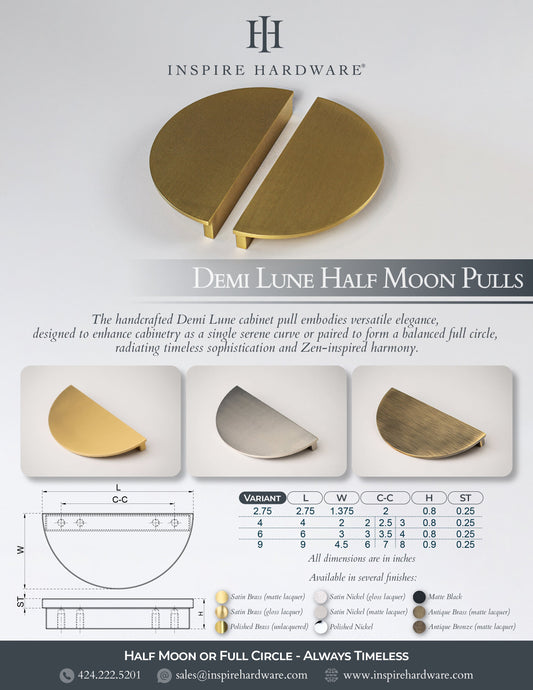 Demi Lune, Solid Brass Half Moon Cabinet Pulls
