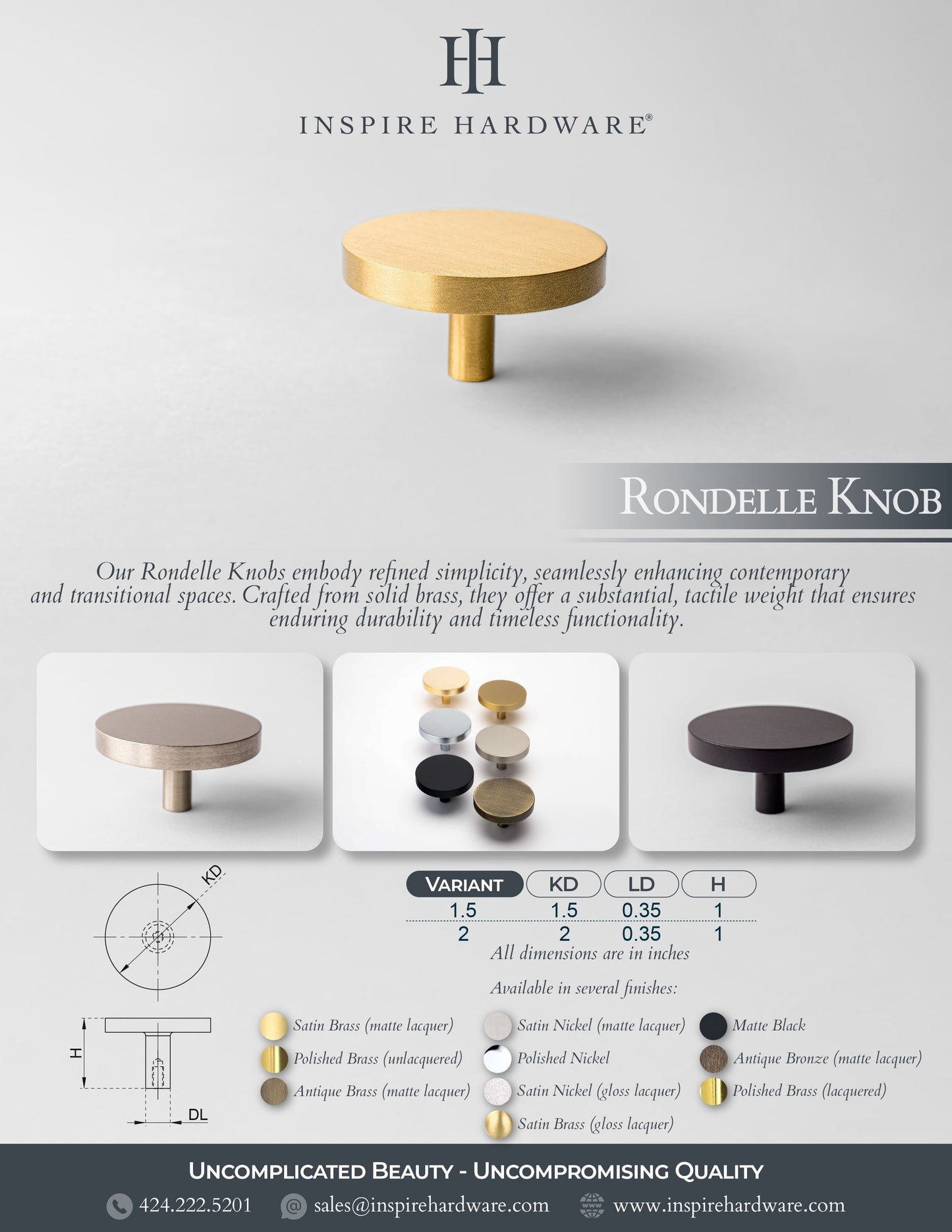 Rondelle, Solid Brass Cabinet Knobs
