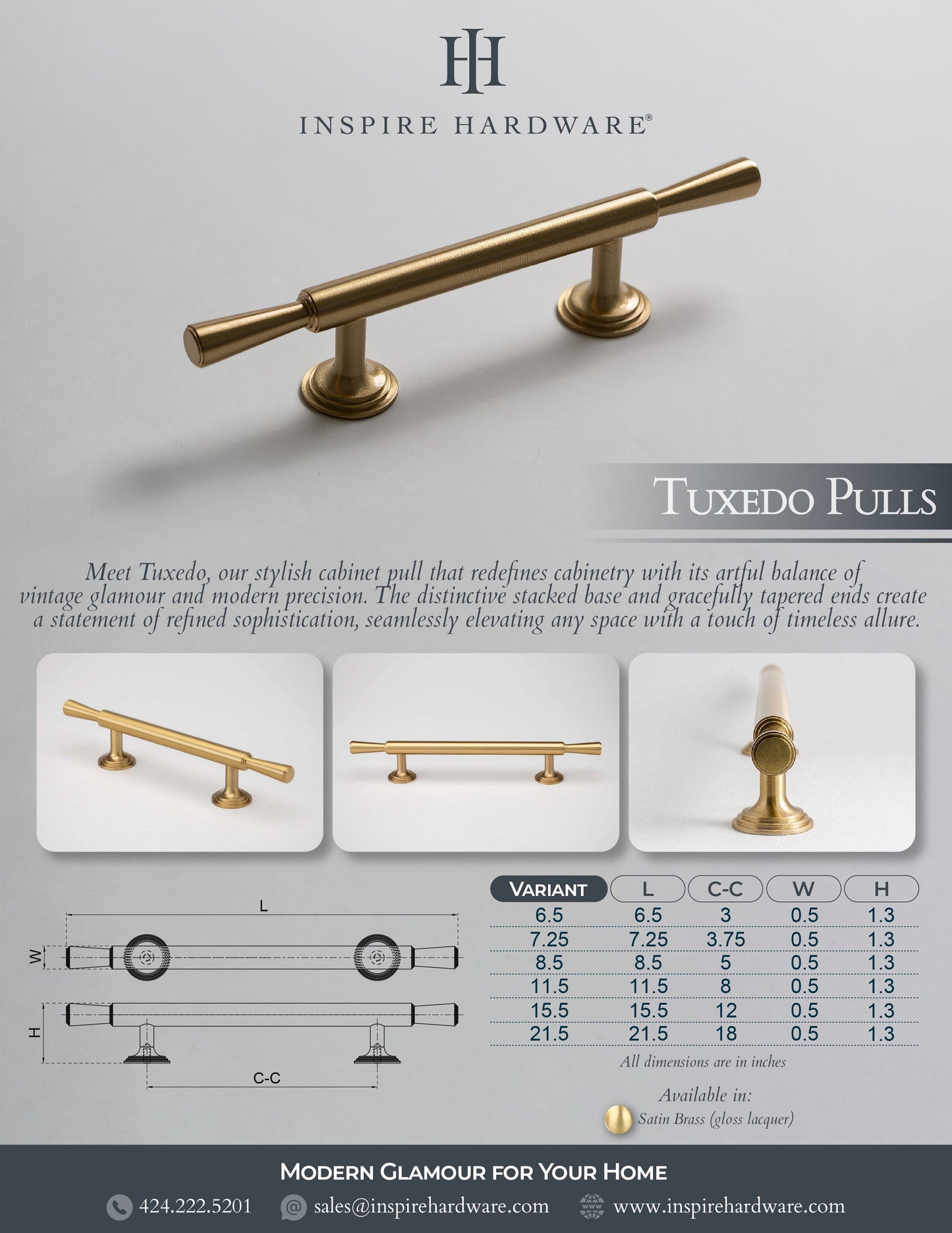 Tuxedo, Solid Brass Cabinet Pulls