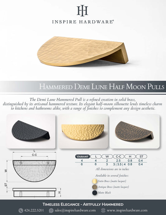 Hammered Demi Lune, Solid Brass Half Moon Cabinet Pulls