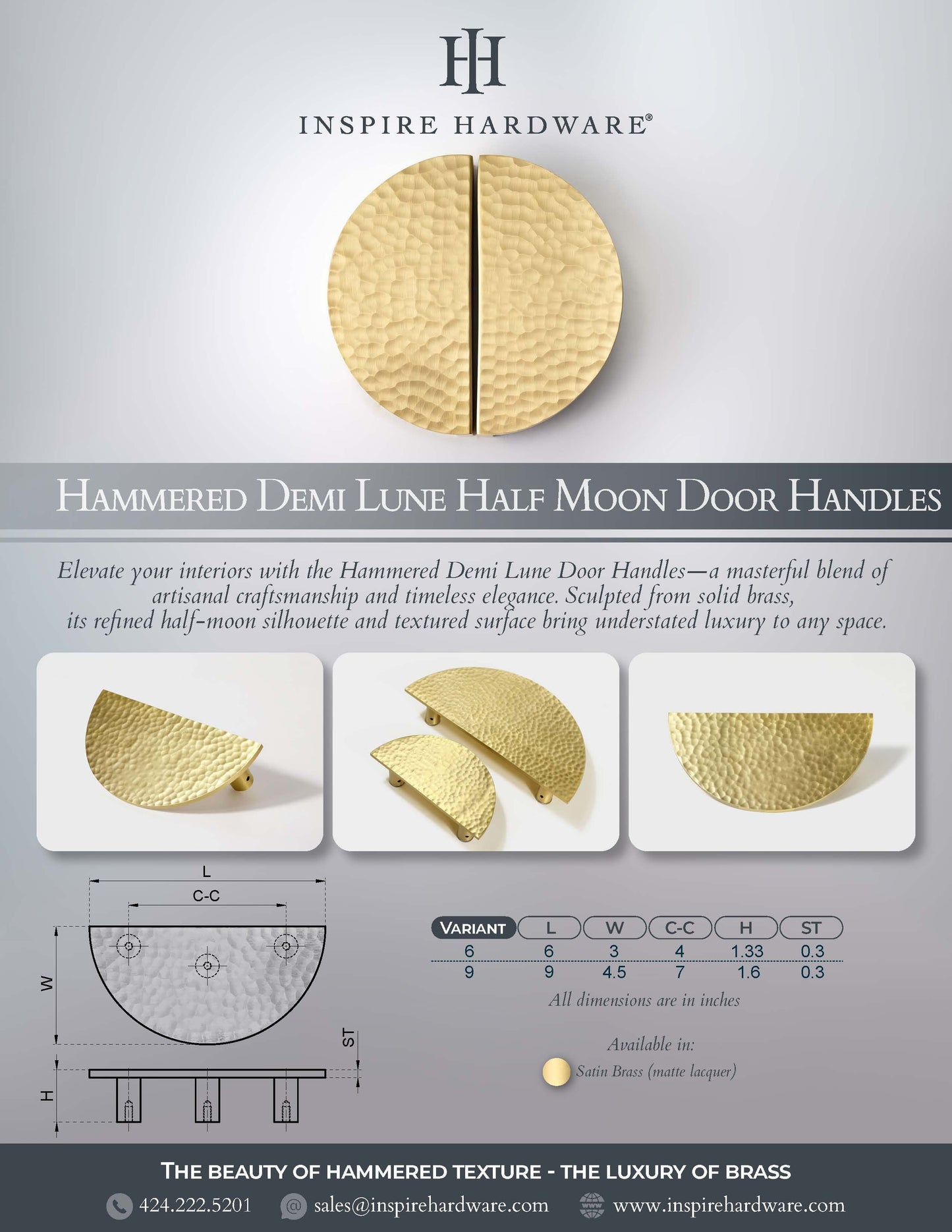 Hammered Demi Lune, Solid Brass Half Moon Door Handles