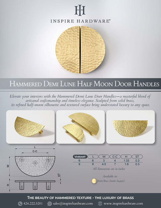 Hammered Demi Lune, Solid Brass Half Moon Door Handles