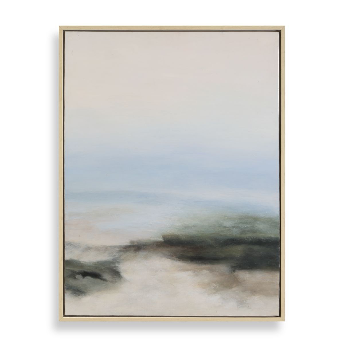 Framed abstract artwork with a landscape theme on a white background