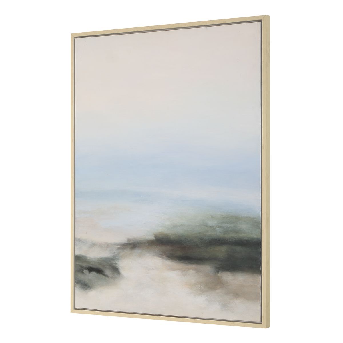 Framed artwork of a landscape with a blurred effect on a white background