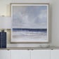 Abstract ocean painting alongside blue coastal lamp and white decorative bowl on a white console.