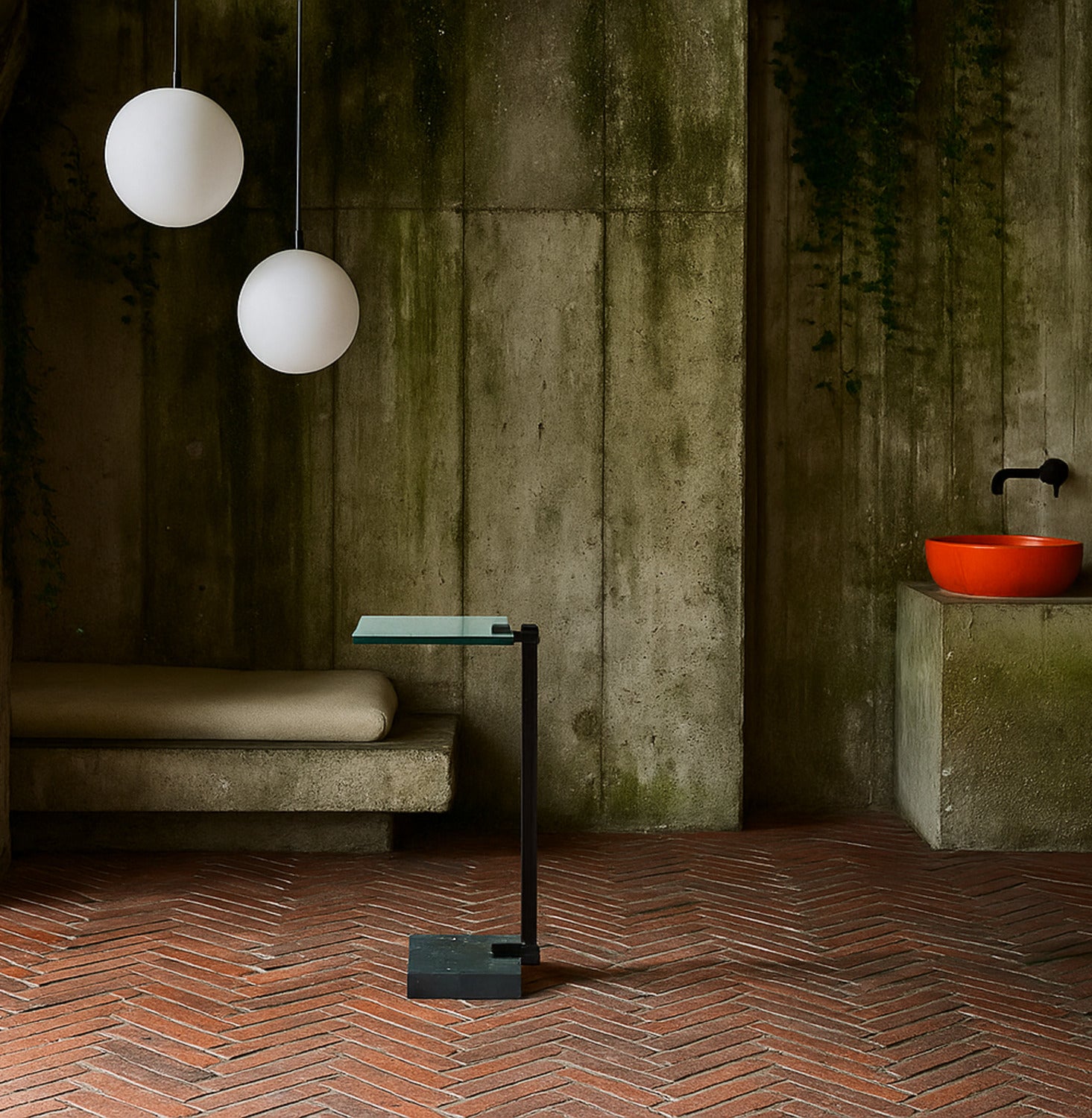 Modern interior with concrete walls, a red bowl, and spherical pendant lights.