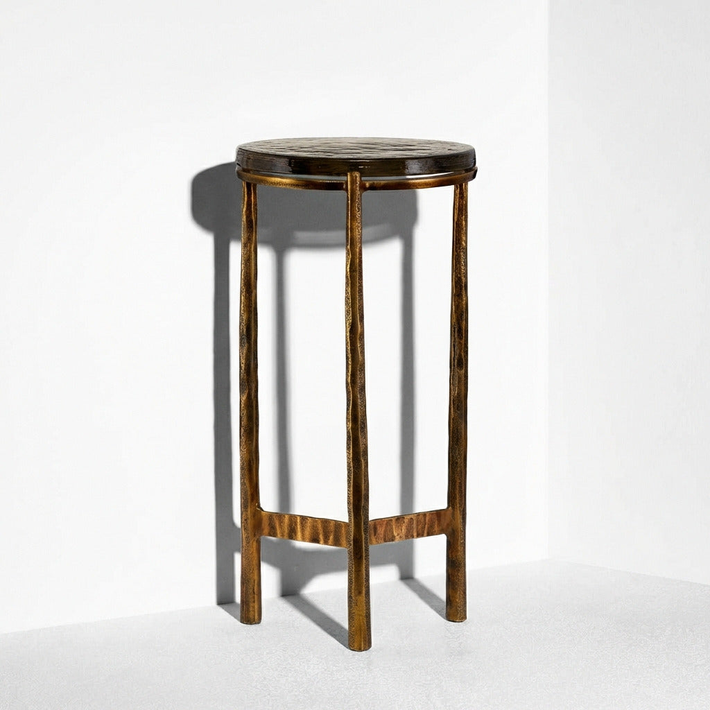 Wooden side table with a round top on a white background