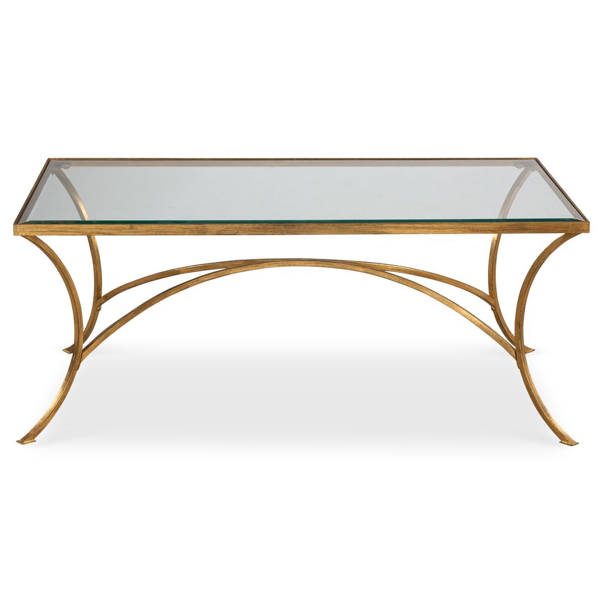 Glass coffee table with gold metal frame on a white background
