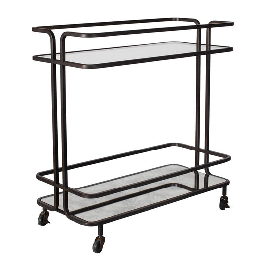 Bar cart with bottles in a room with a chair and beige curtains.