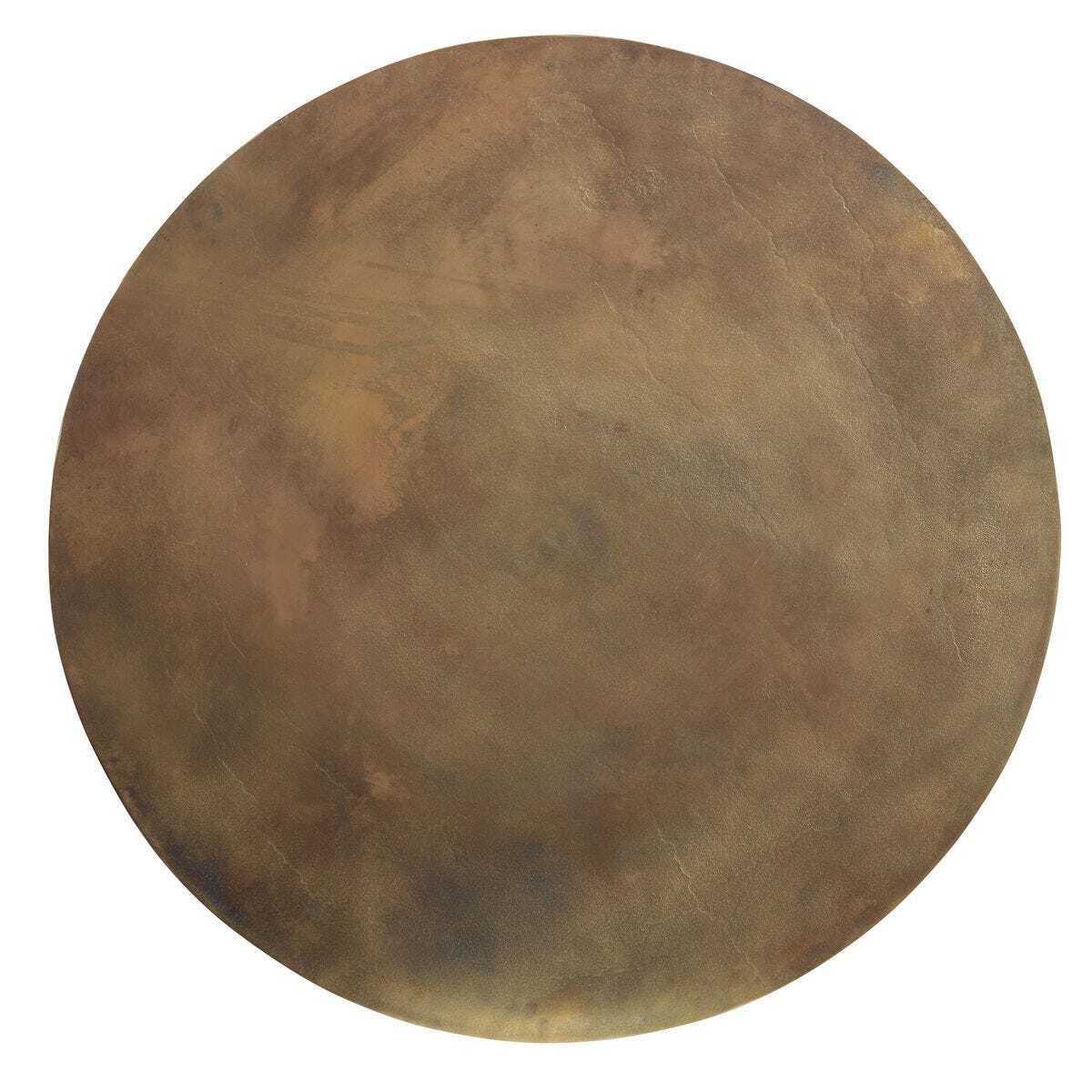 Round, metallic surface with a brownish color on a white background