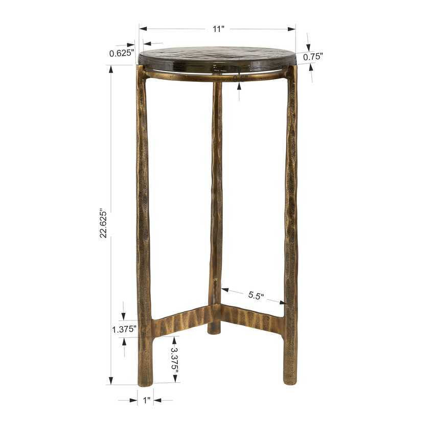 Metal side table with dimensions labeled on a white background