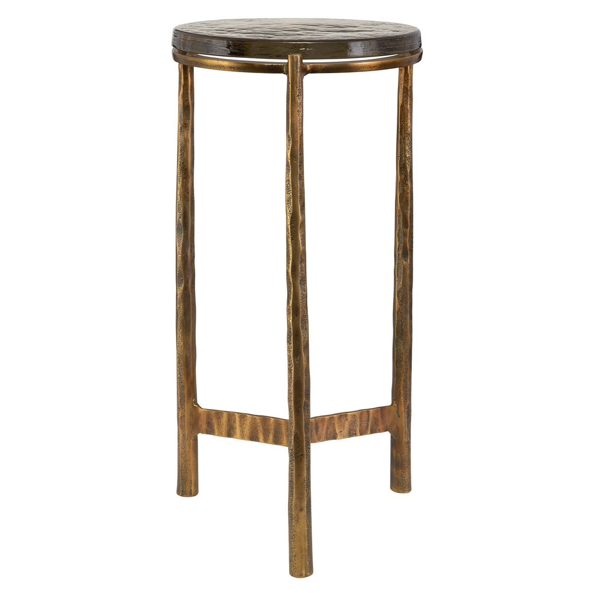 Metal side table with a round glass top on a white background