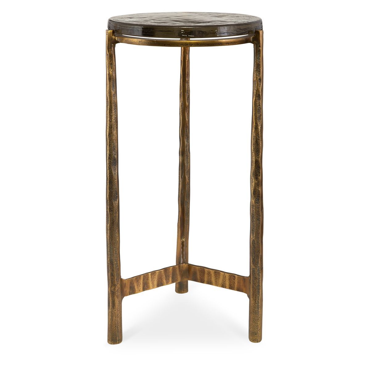 Metal side table with a round glass top on a white background