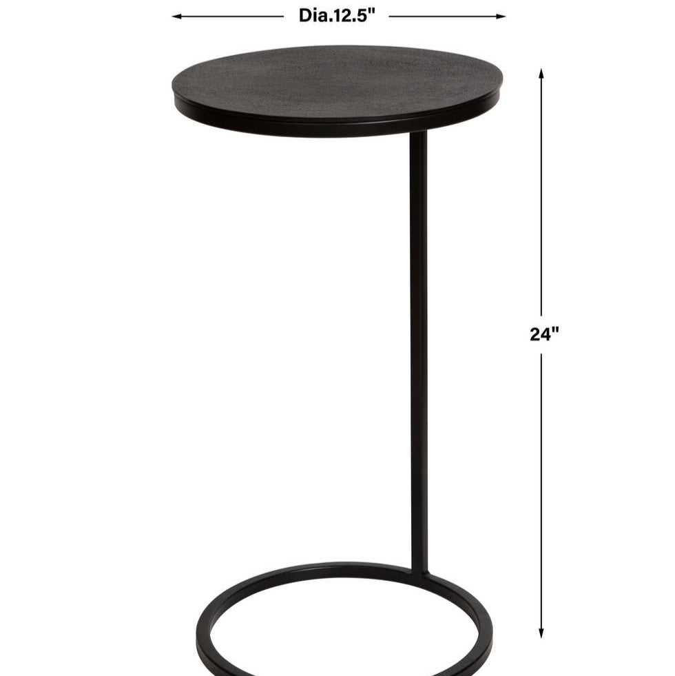 Black side table with dimensions on a white background