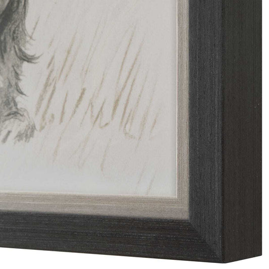 Wall with framed black and white dog prints above a dark wooden console table.