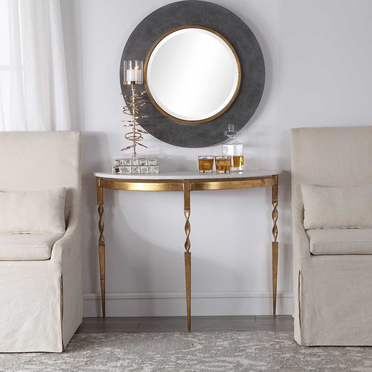 Decorative console table with mirror in a living room setting