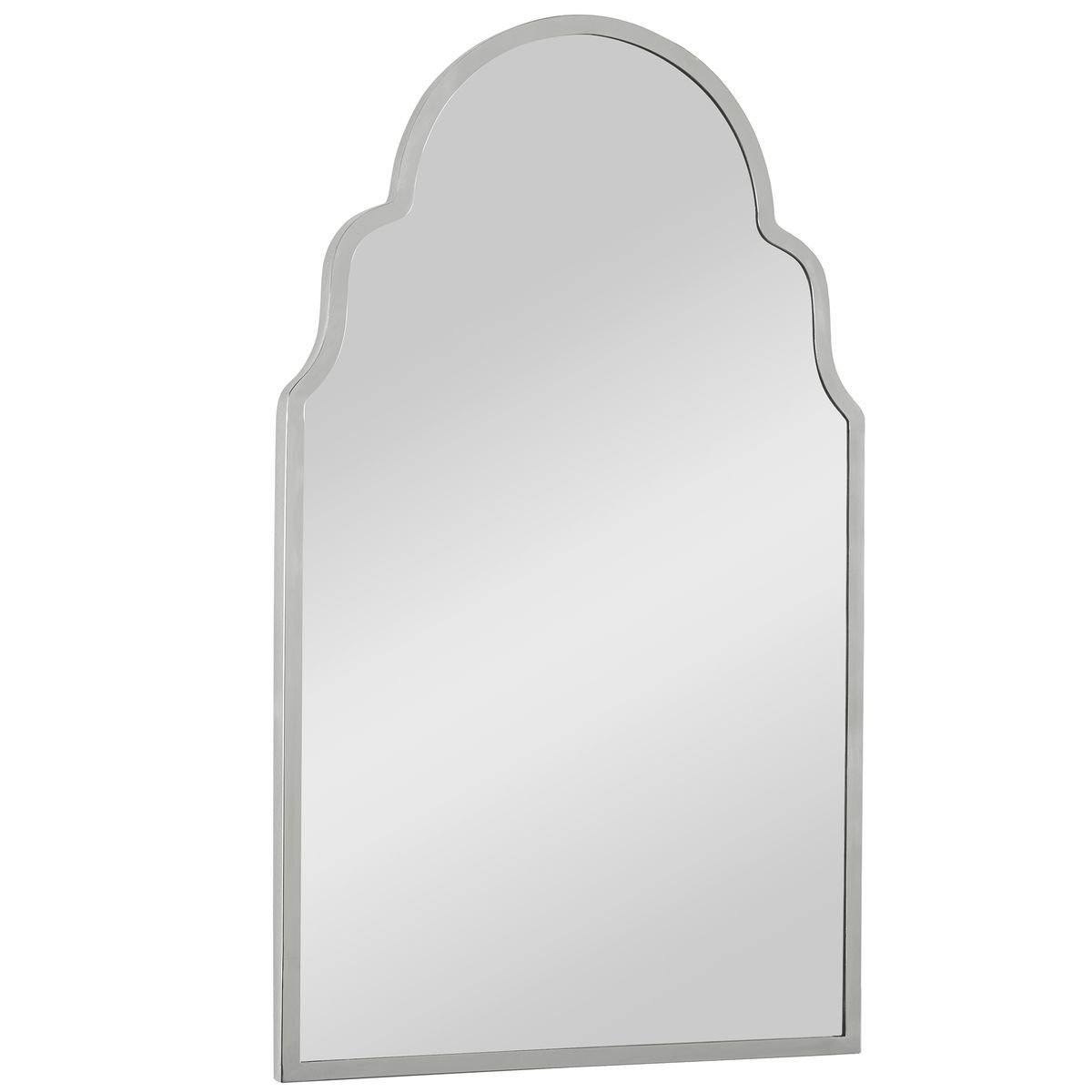 Angled arched polished nickel mirror.