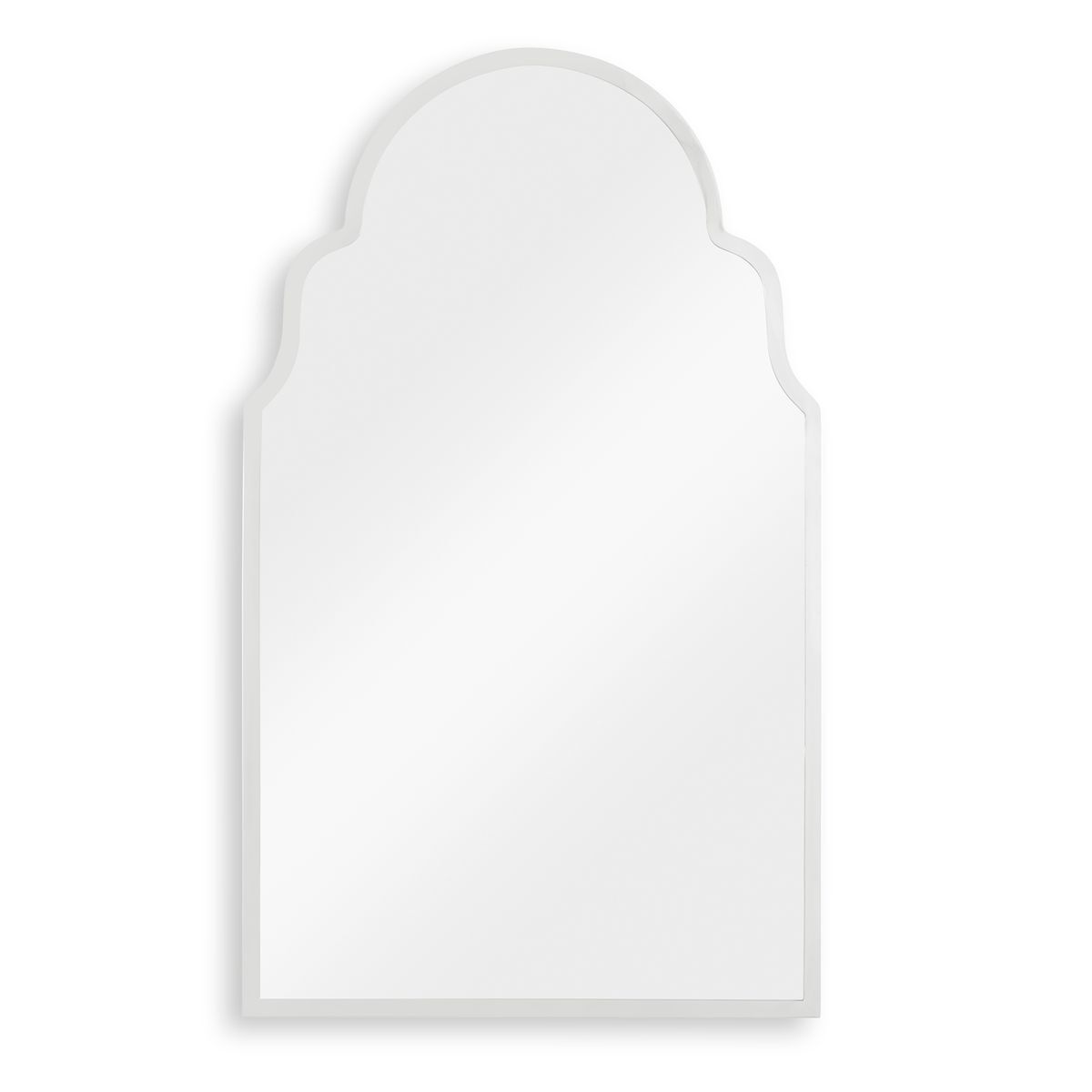 Straight on view of polished nickel arched mirror.