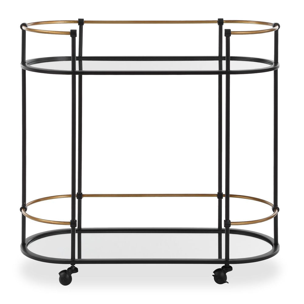 Two-tiered serving cart with black metal frame and glass shelves on a white background