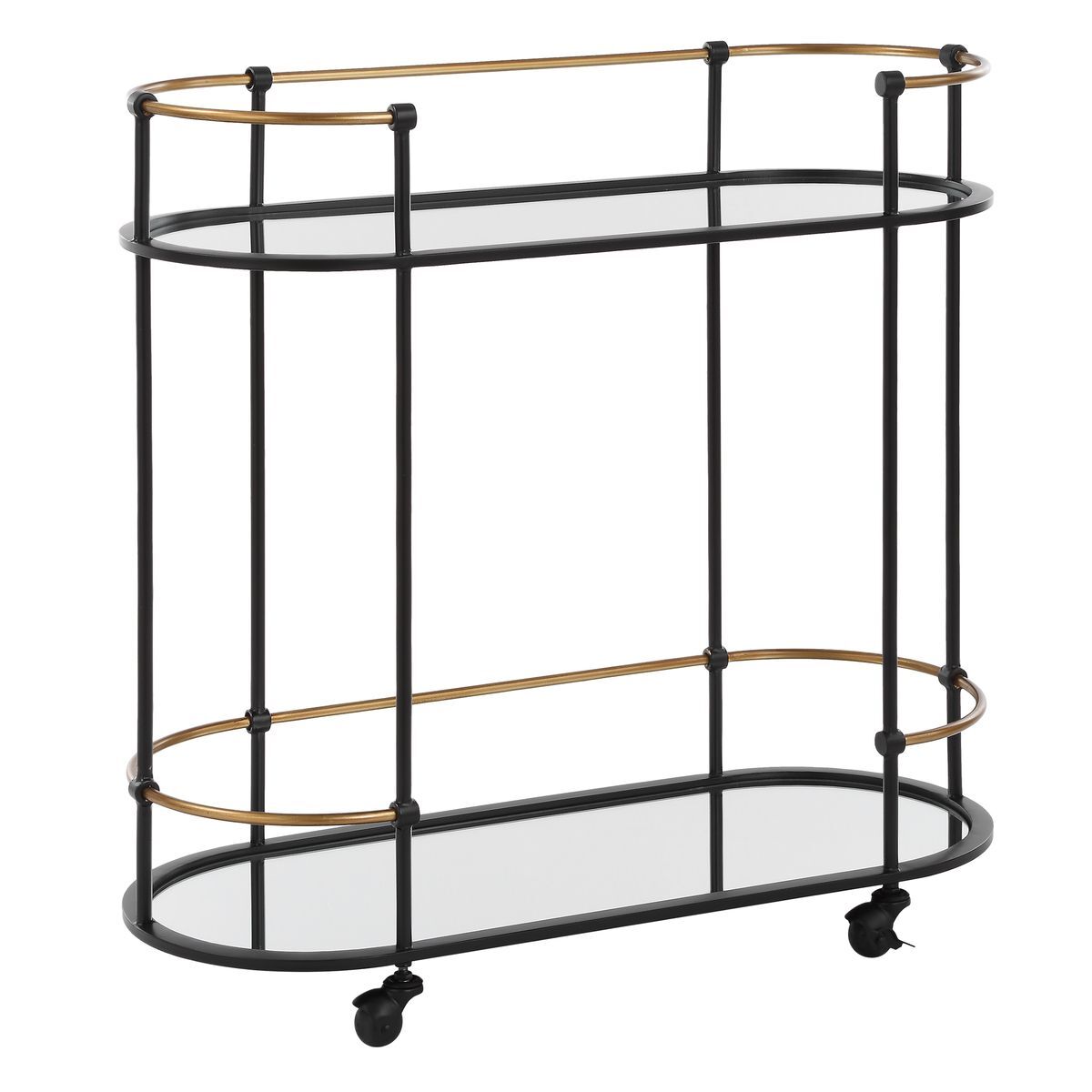 Metal and glass bar cart with wheels on a white background