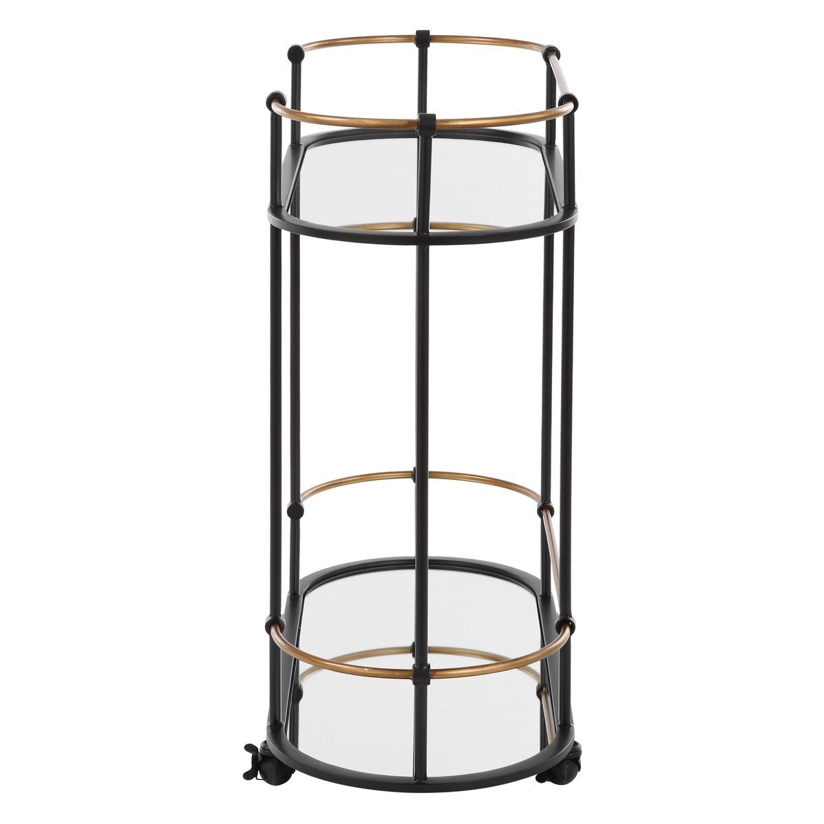 Black and gold round bar cart with glass shelves on a white background