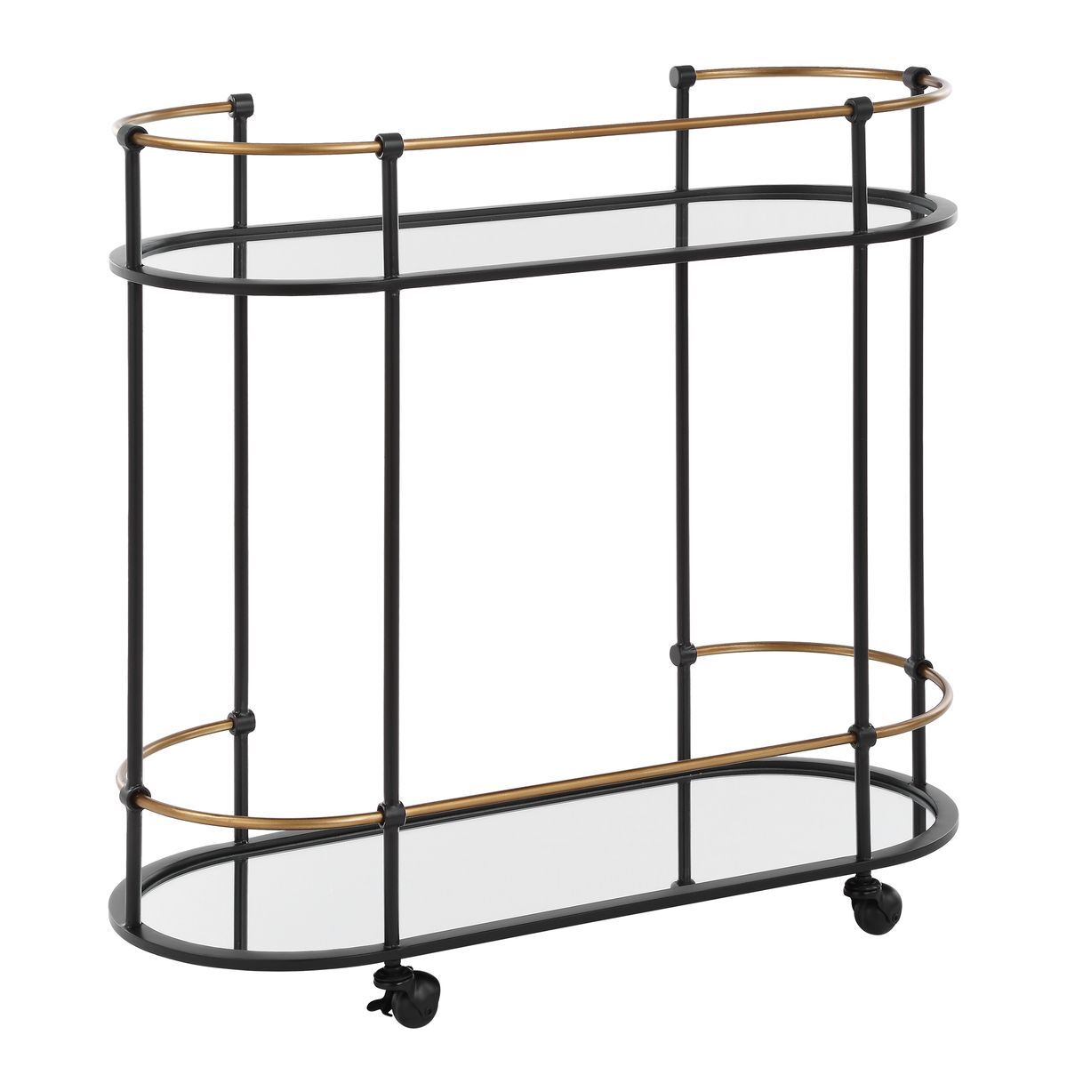 Black metal and glass bar cart on a white background