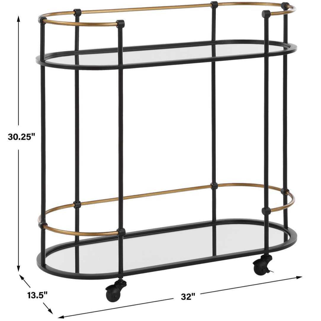 Oval metal bar cart with glass shelves and dimensions on a white background
