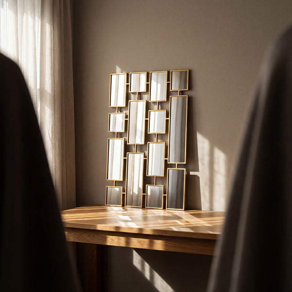 Gold art deco mirror framed on table