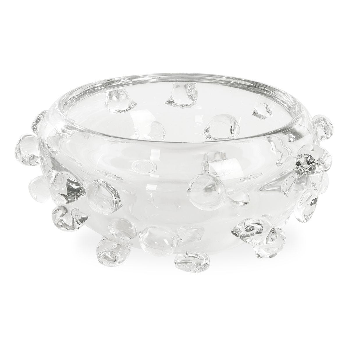 Clear glass bowl with bubble-like protrusions on a white background