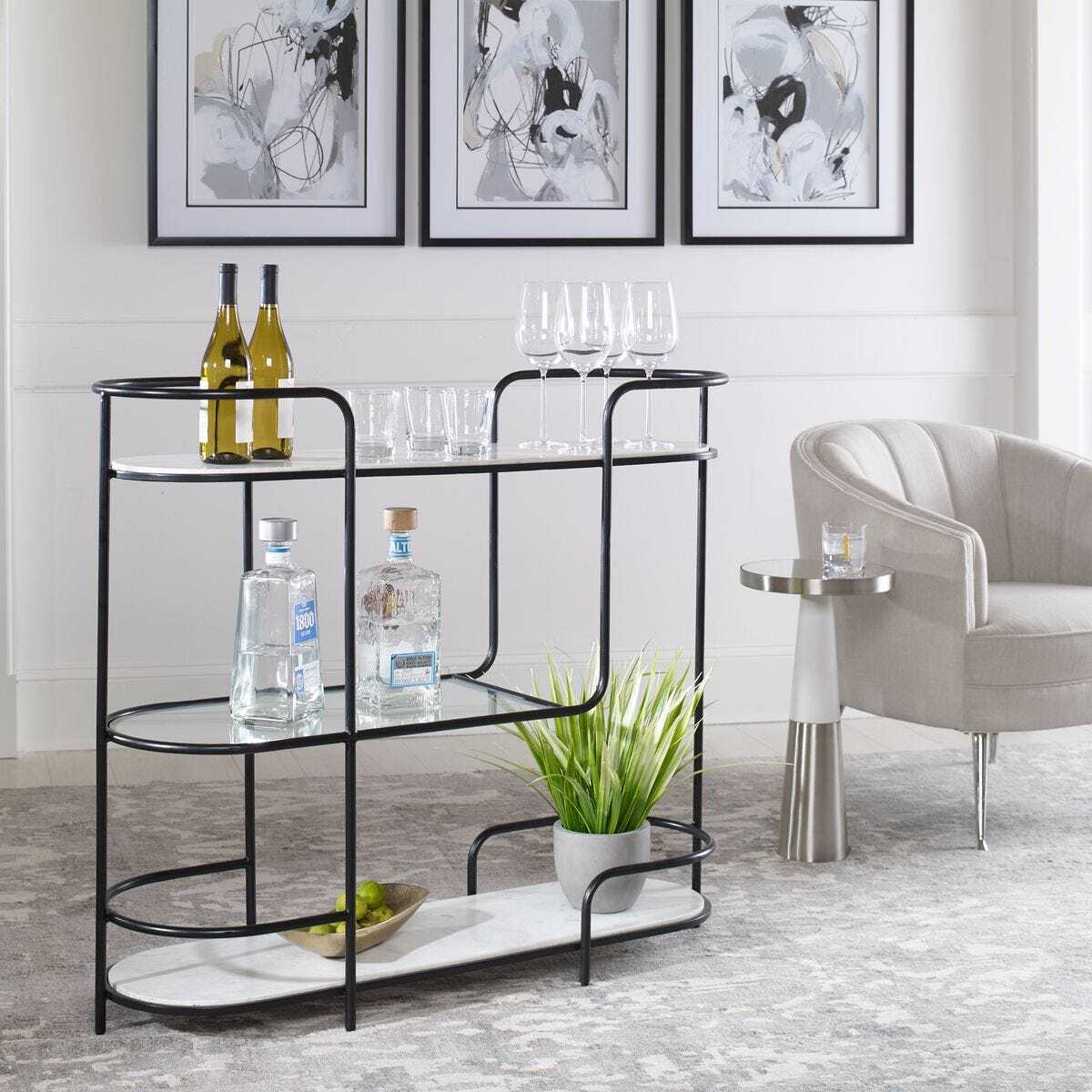 Bar console in black and white in living room.