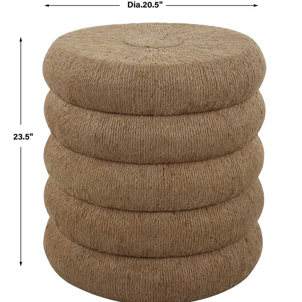 Brown woven ottoman with dimensions on a white background