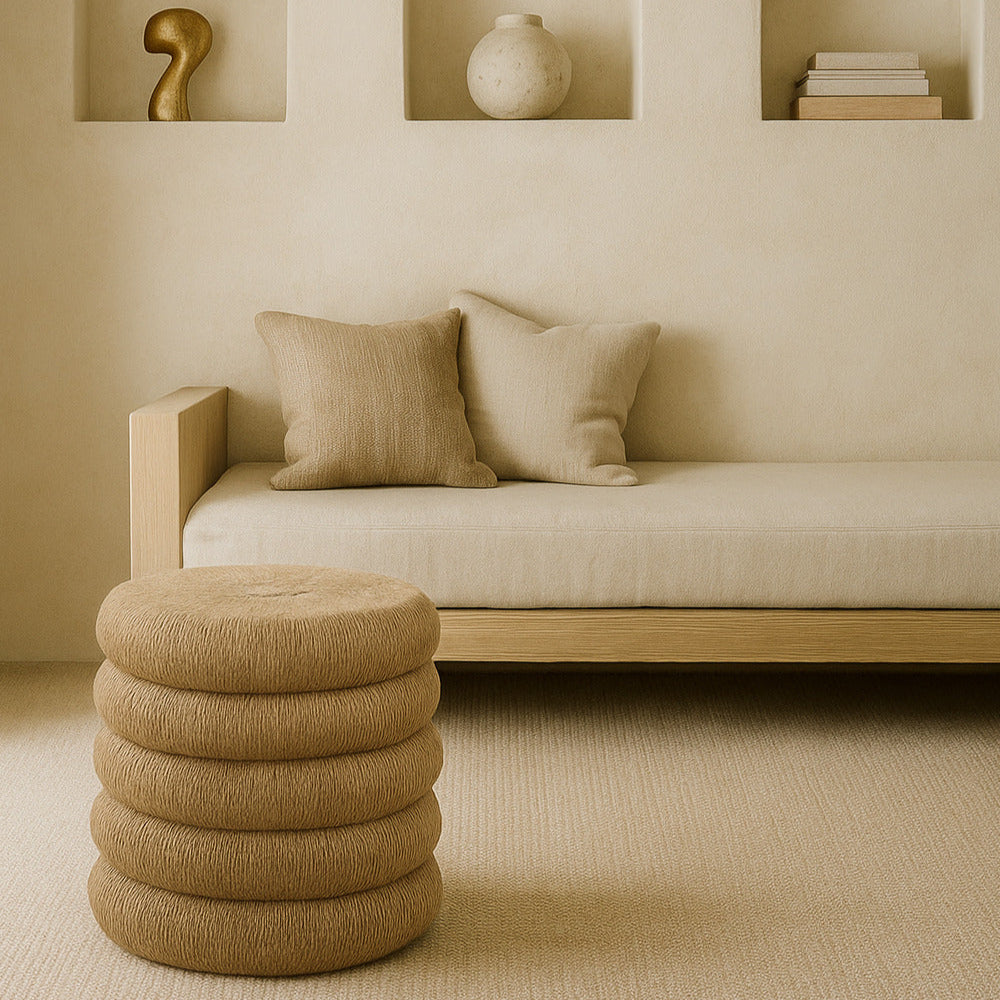 Beige interior with a sofa, cushions, and a cylindrical ottoman in a room with recessed shelves.