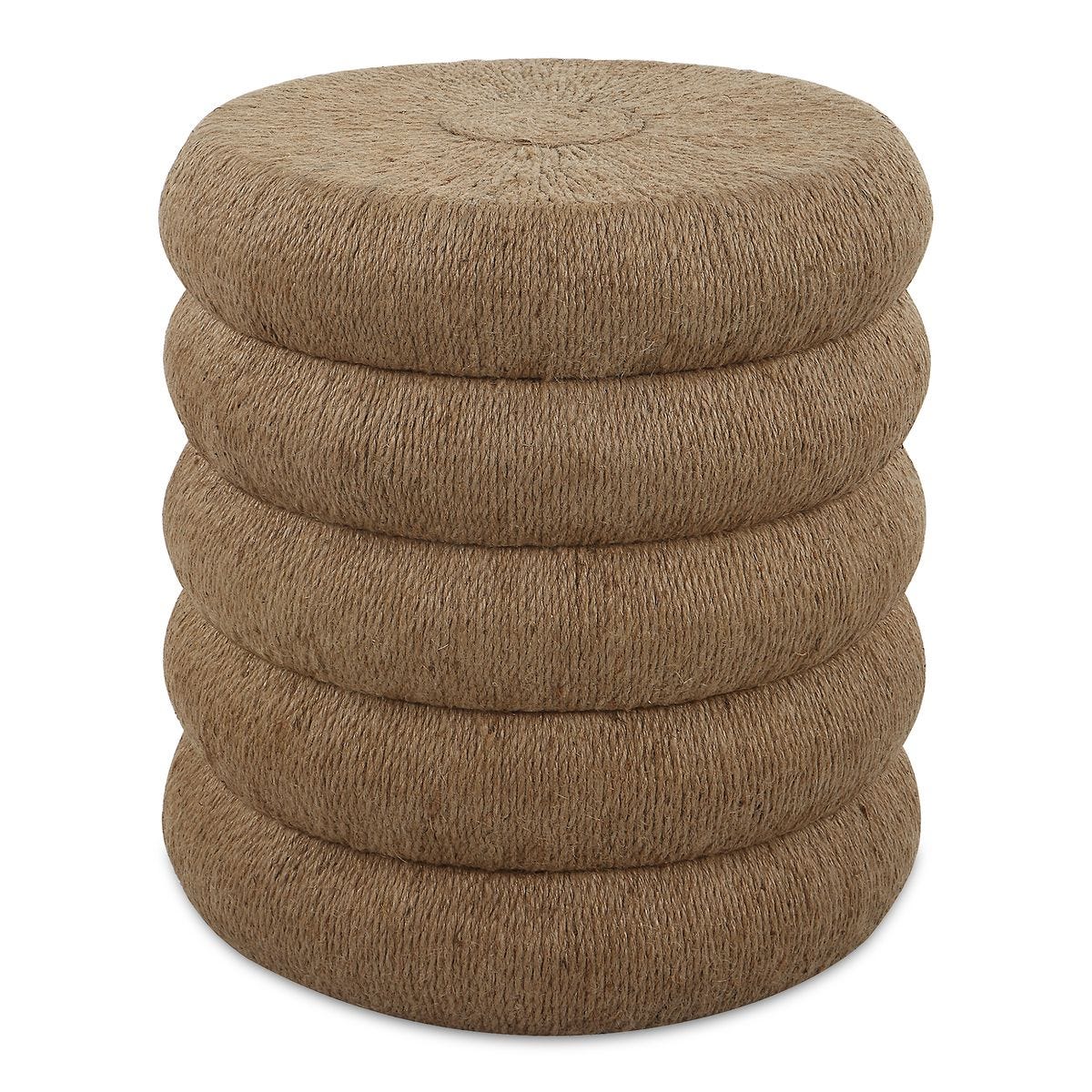Stack of woven brown stools on a white background