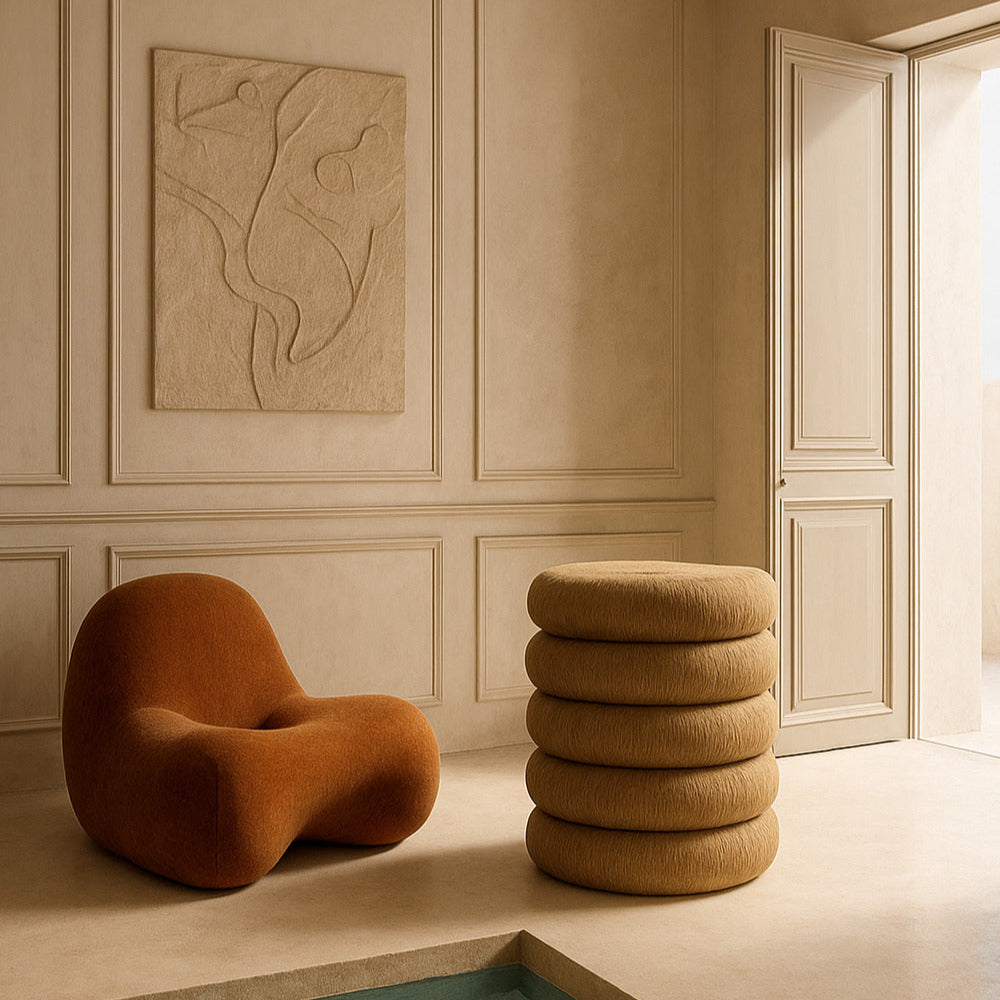 Modern interior with a brown chair and stack of cushions near a pool.
