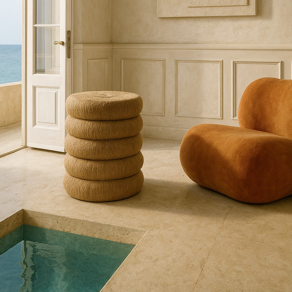 Modern interior with a textured wall, stack of round stools, and orange chair by a pool.