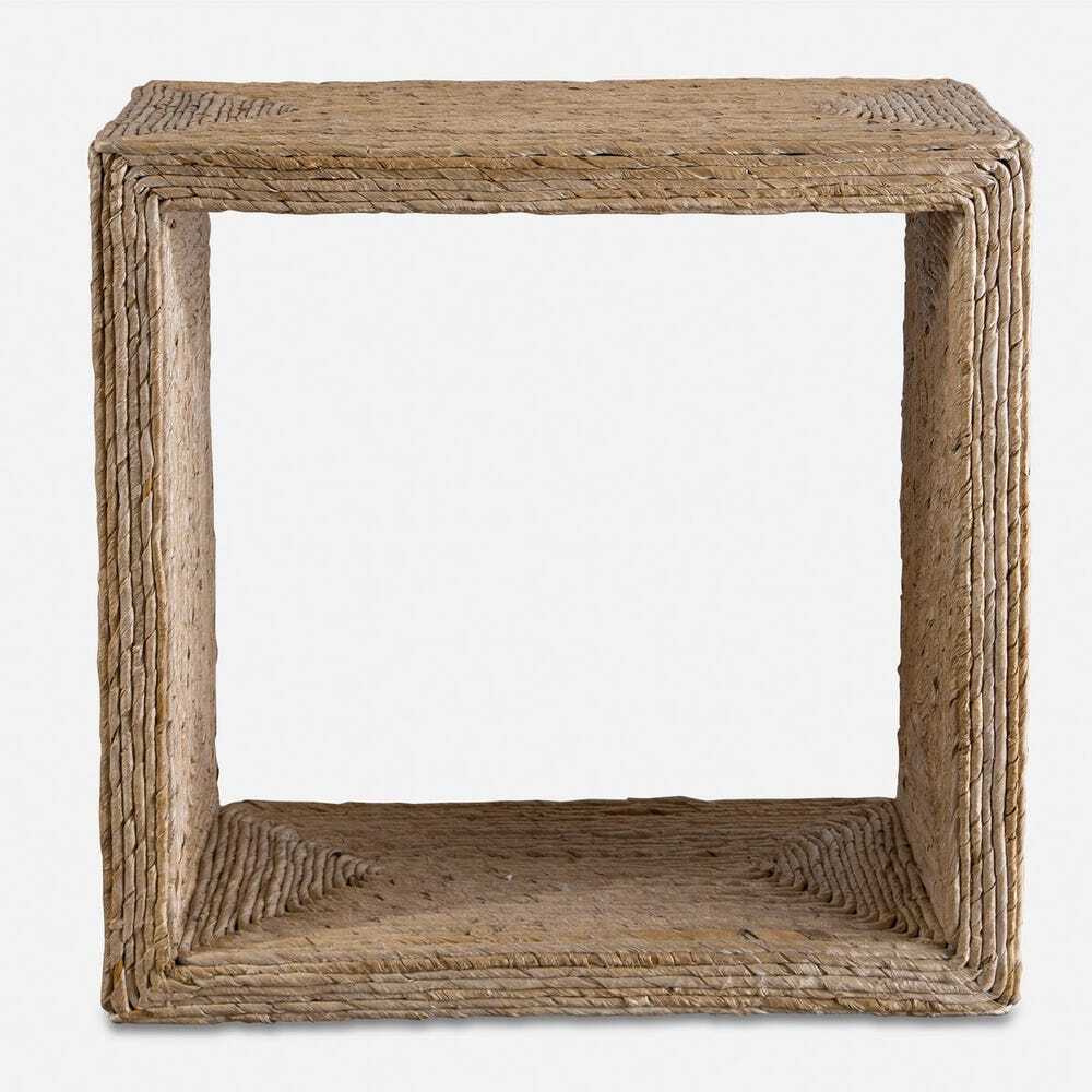 Square woven rattan table on a white background