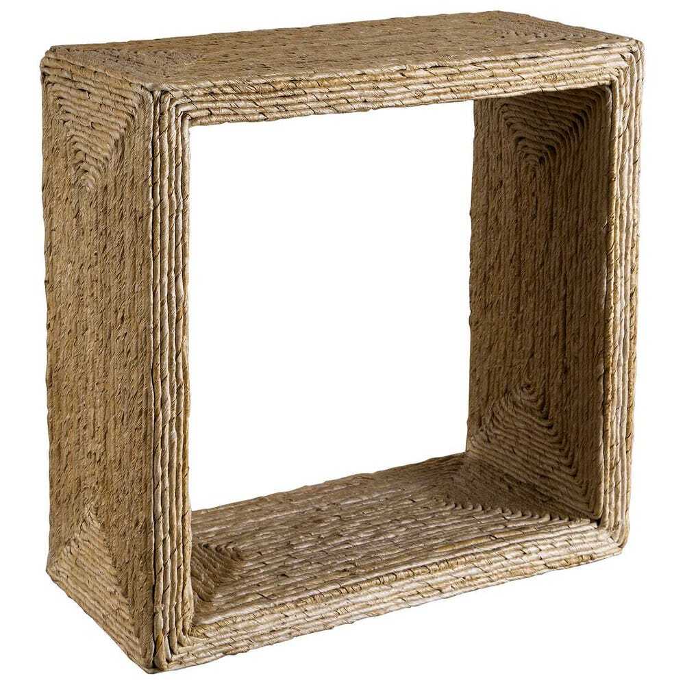 Woven rectangular side table on a white background