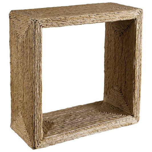 Woven rectangular side table on a white background