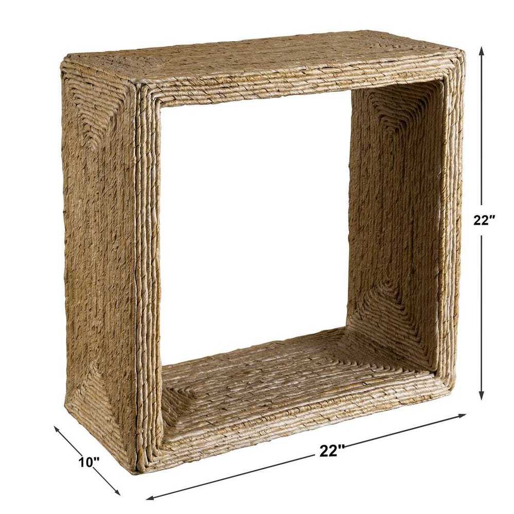 Woven rectangular shelf with dimensions on a white background