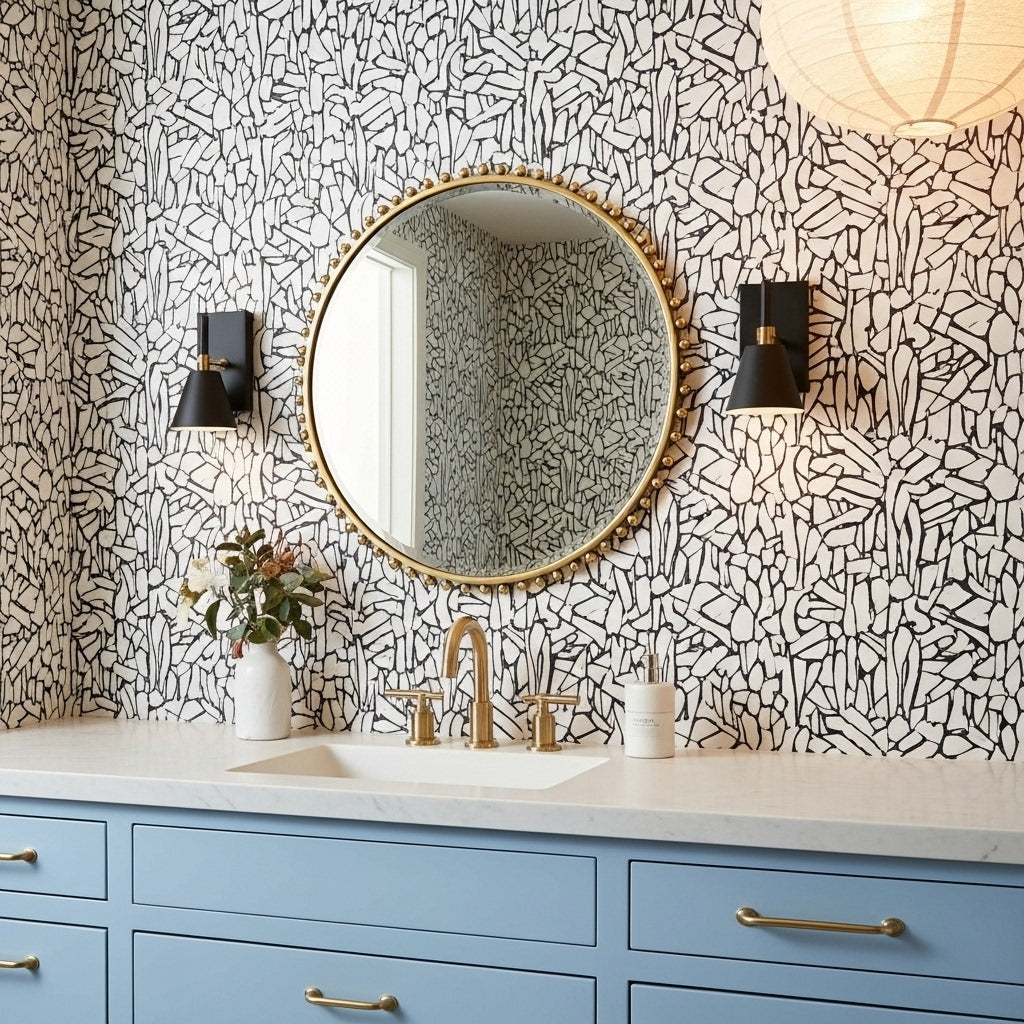 Bathroom with blue vanity, round mirror, and patterned wallpaper