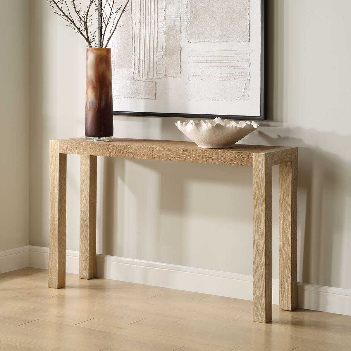 Uttermost bentley console table in coastal living room.