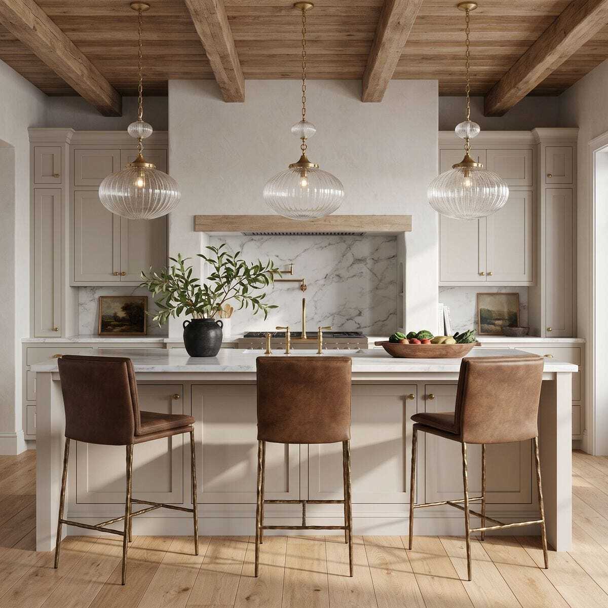 Leather counter stool with bronze sculpted legs in kitchen with bar.