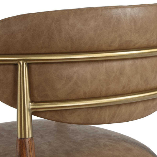 Walnut counter stools with arms and back.