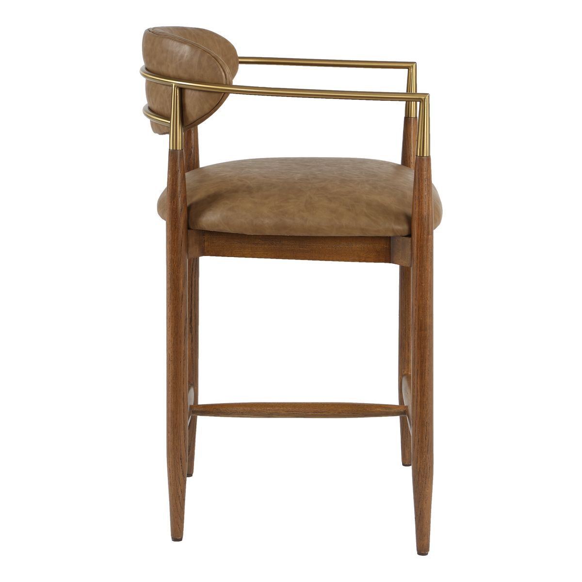 Walnut counter stools with arms and back.
