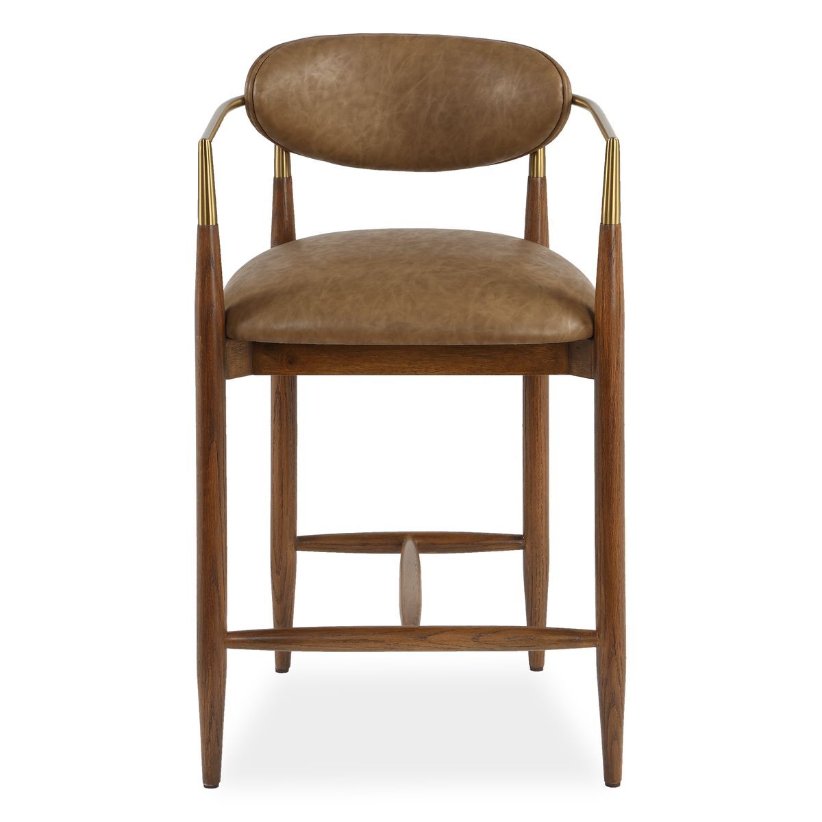 Walnut counter stools with arms and back.