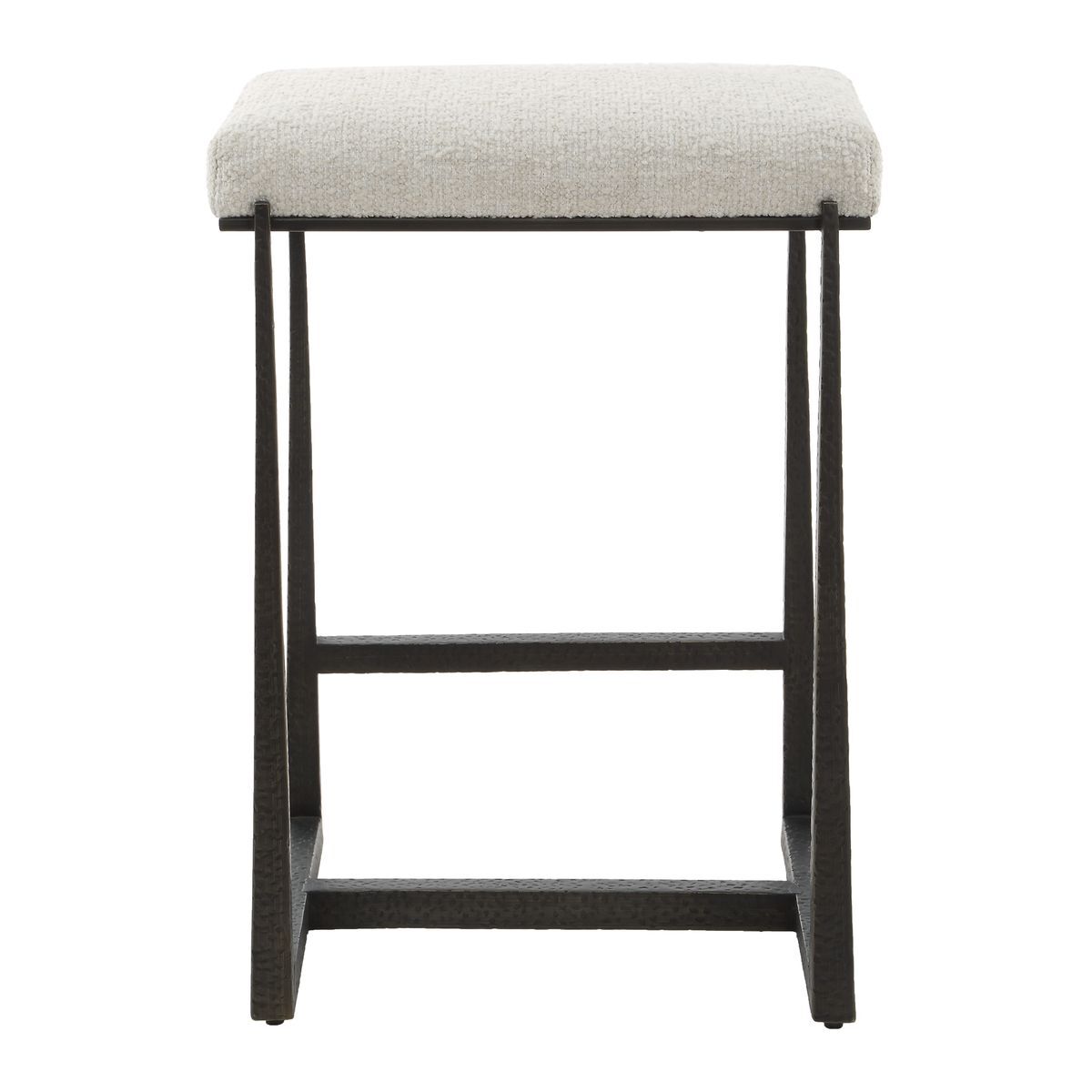 White counter stool with bronze legs.