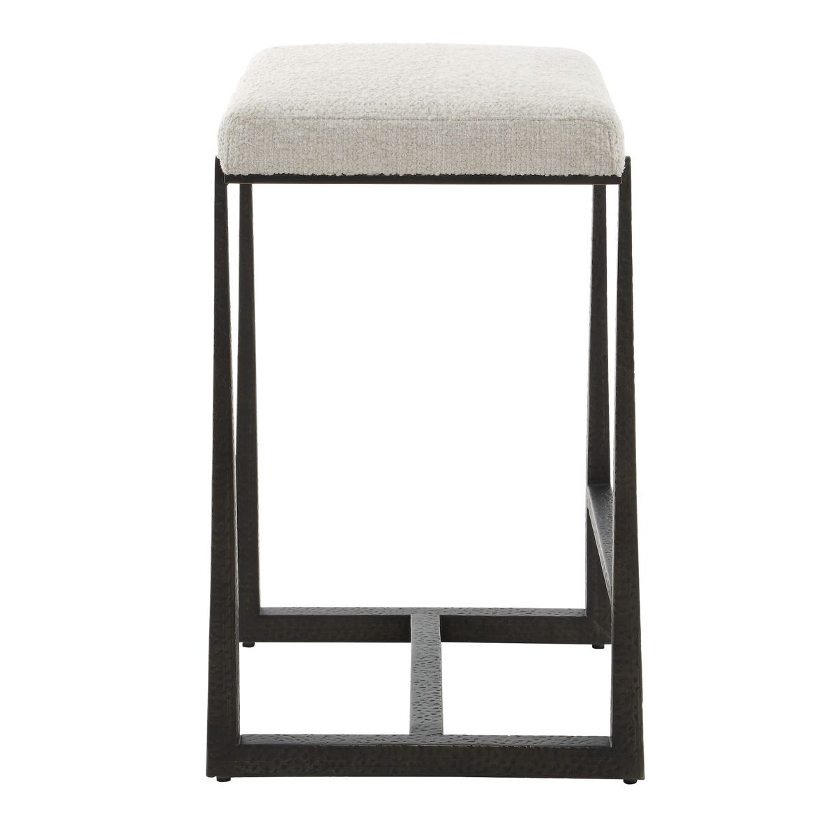 White counter stool with bronze leg in side profile.